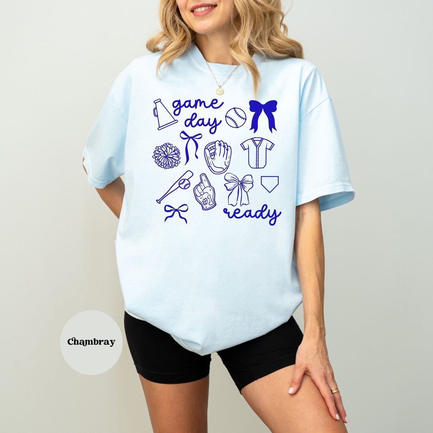Game Day Ready Coquette Shirt with baseball details Chambray