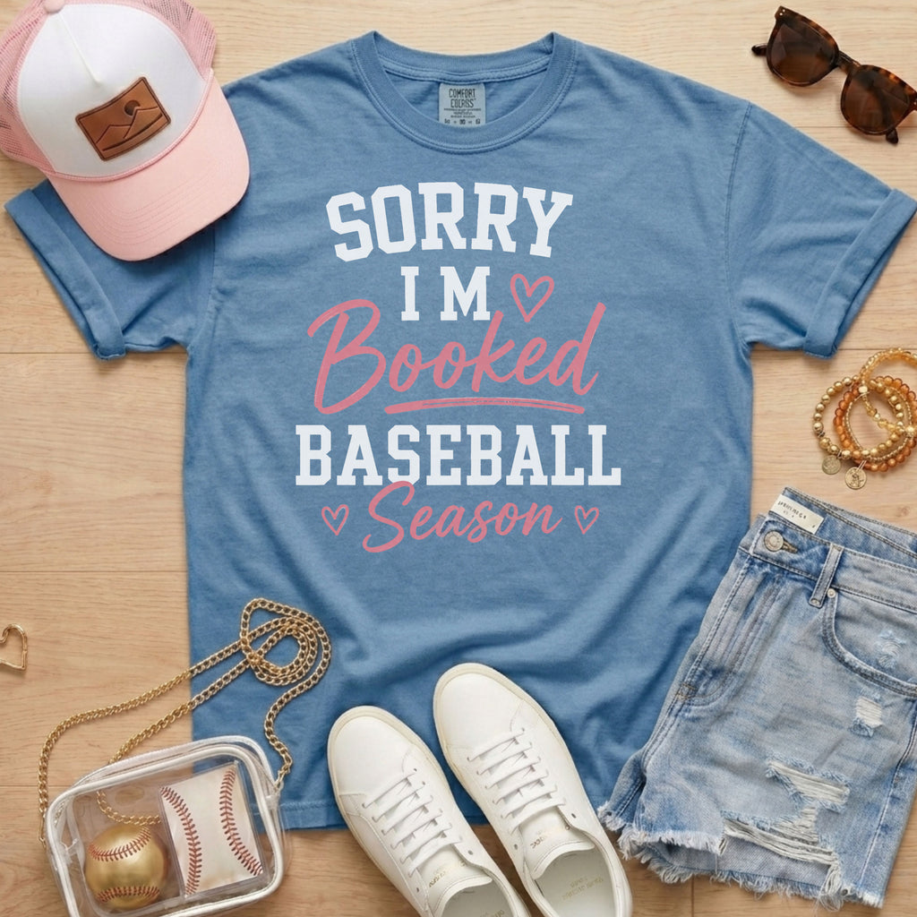 Blue Jean Sorry I’m Booked Baseball Season T-Shirt styled for baseball mom game days