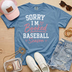 Blue Jean Sorry I’m Booked Baseball Season T-Shirt styled for baseball mom game days