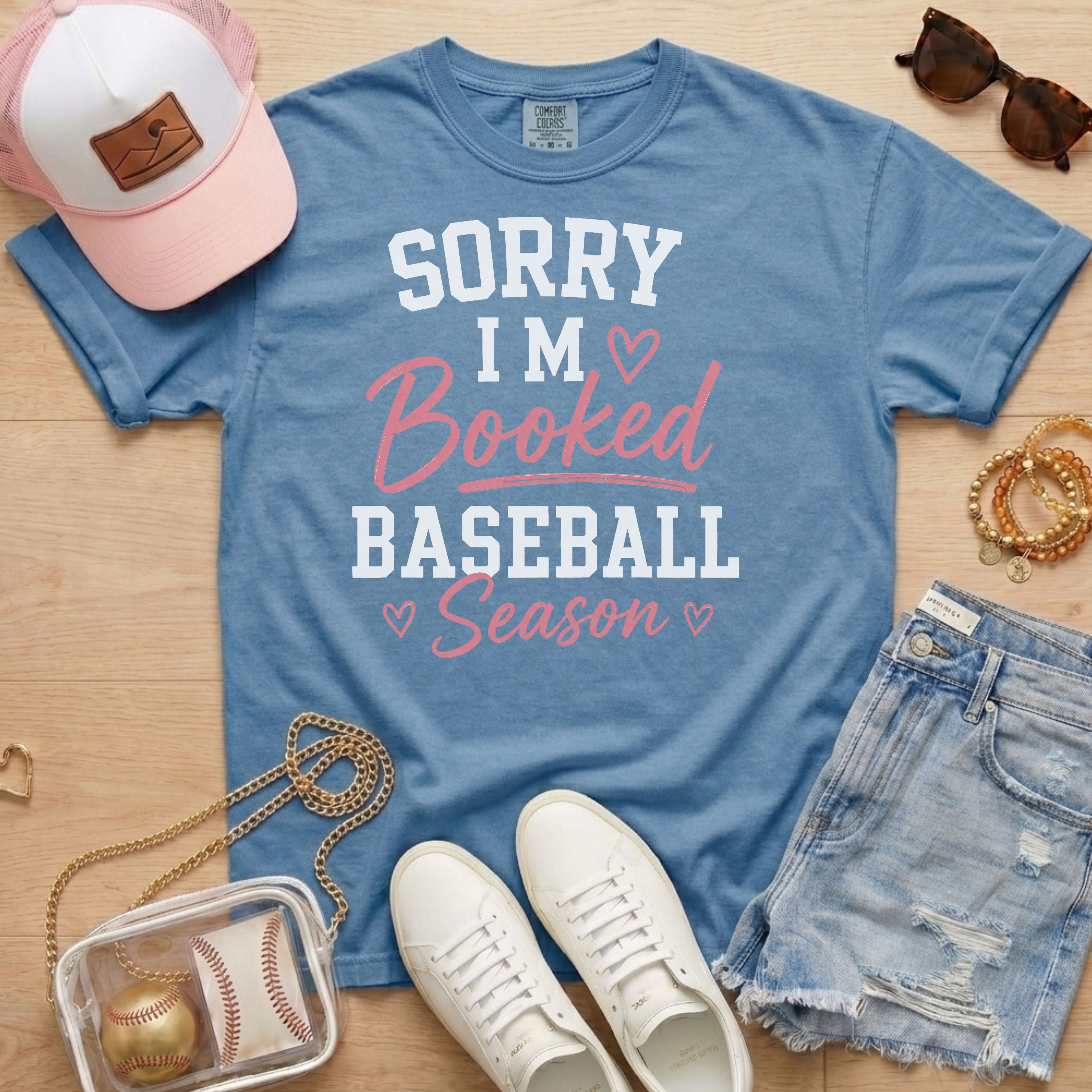 Blue Jean Sorry I’m Booked Baseball Season T-Shirt styled for baseball mom game days