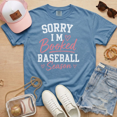 Blue Jean Sorry I’m Booked Baseball Season T-Shirt styled for baseball mom game days
