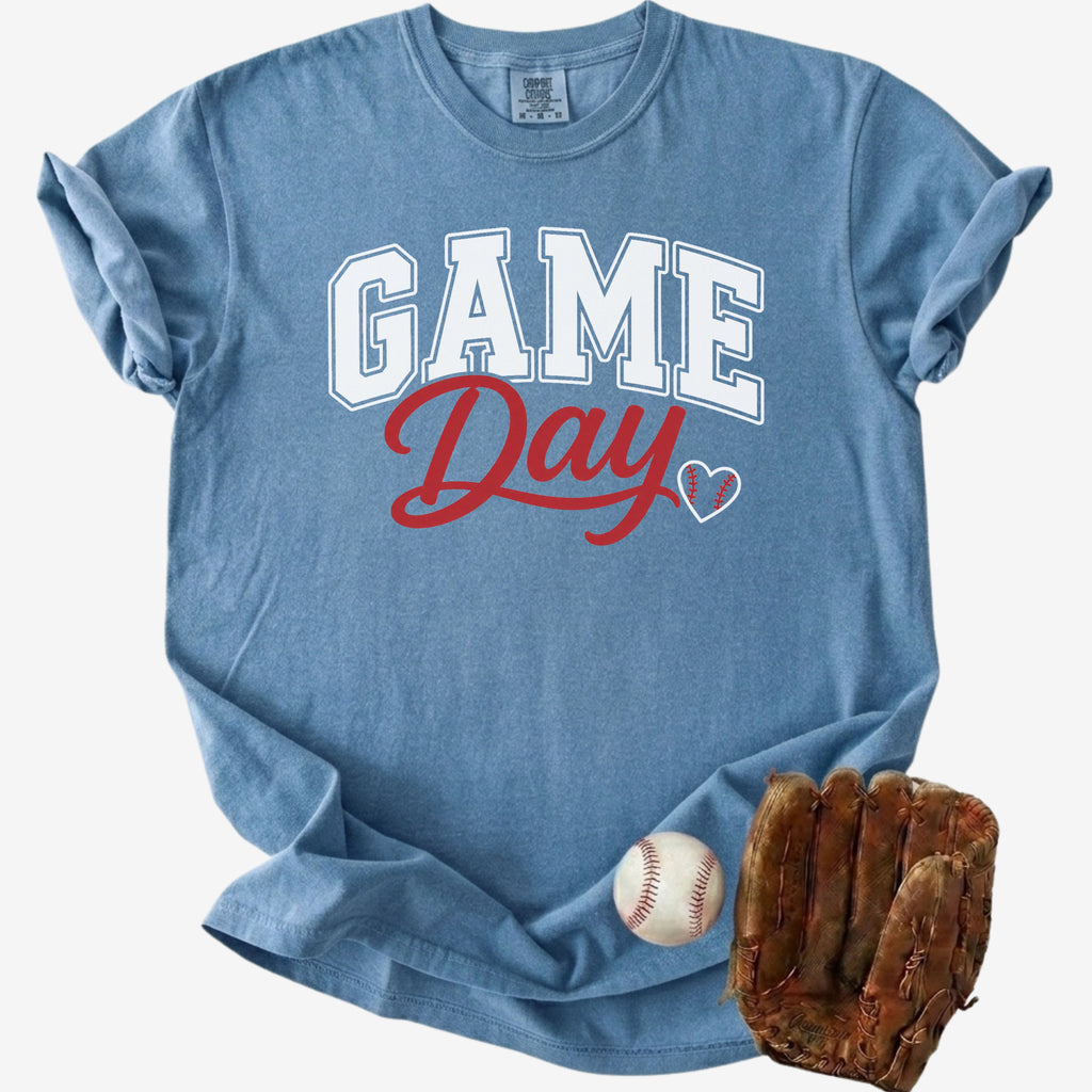Blue t-shirt with 'GAME Day' text, baseball, and glove on a white background