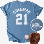 Blue t-shirt with 'COLEMAN 21' printed on it, accompanied by a baseball, ball glove, and 'BASEBALL Mom' logo.