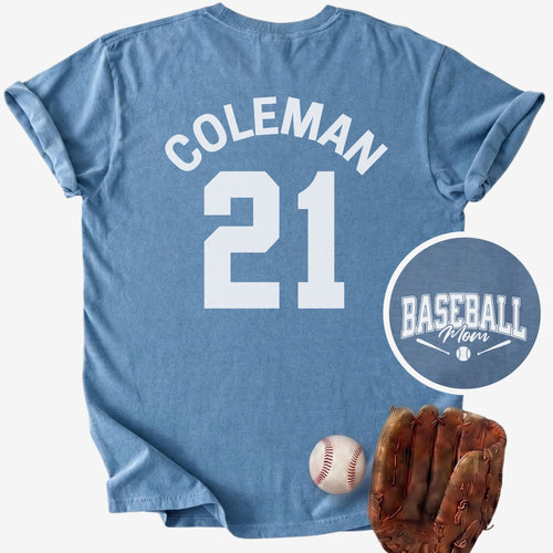 Blue t-shirt with 'COLEMAN 21' printed on it, accompanied by a baseball, ball glove, and 'BASEBALL Mom' logo.