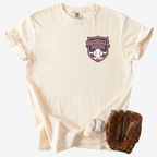 Beige t-shirt with 'Baseball Mom' graphic, baseball, and glove on a white background