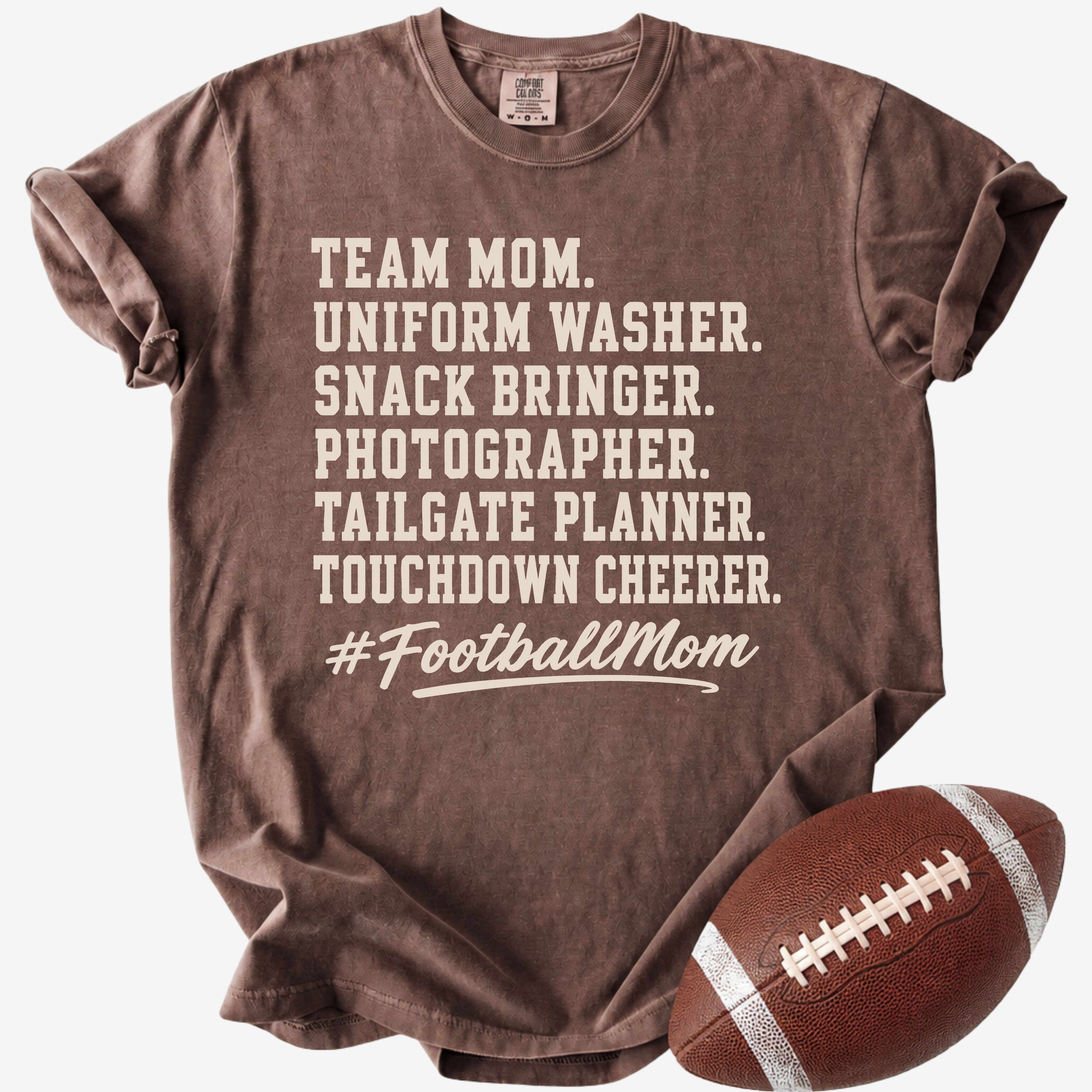 Brown t-shirt with '#FootballMom' text and a football on a white background