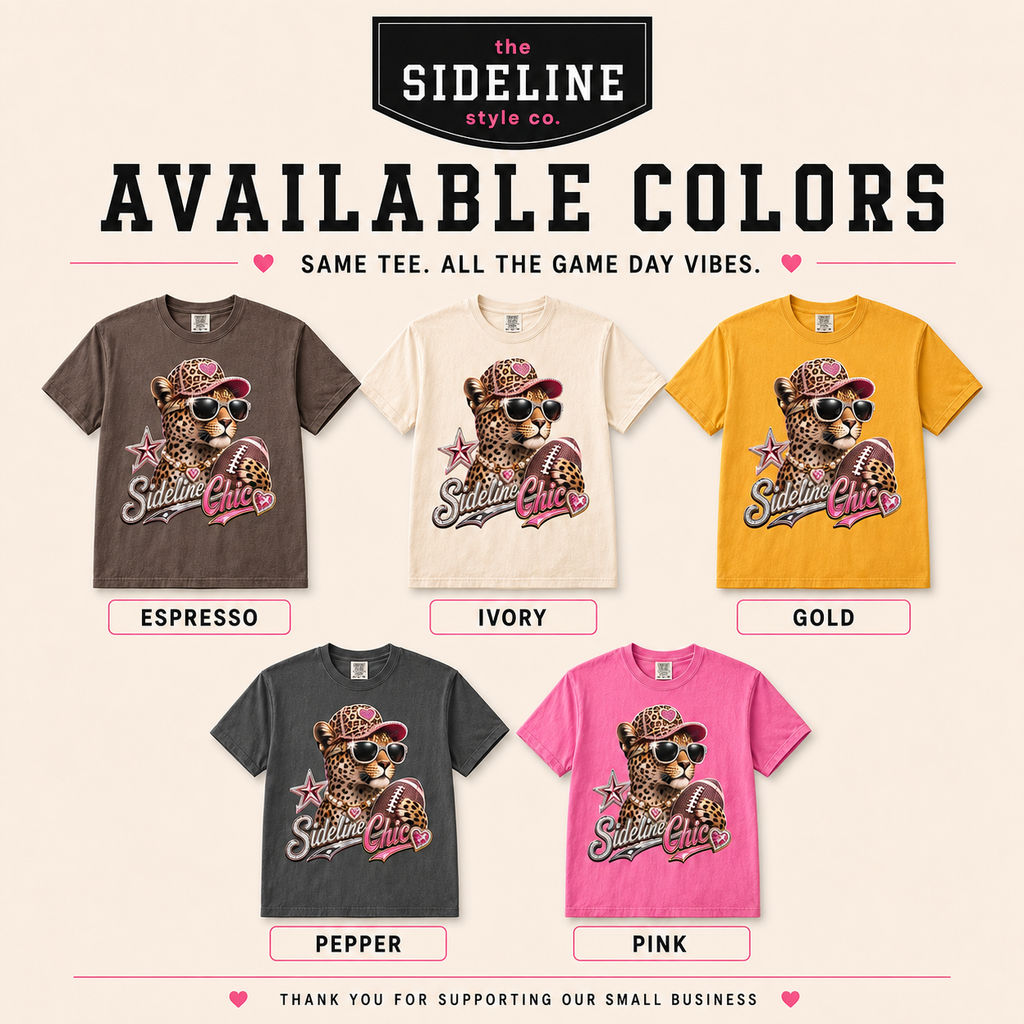 A promotional color-options graphic for the Sideline Style Co. featuring five short-sleeve graphic T-shirts on a light beige background.