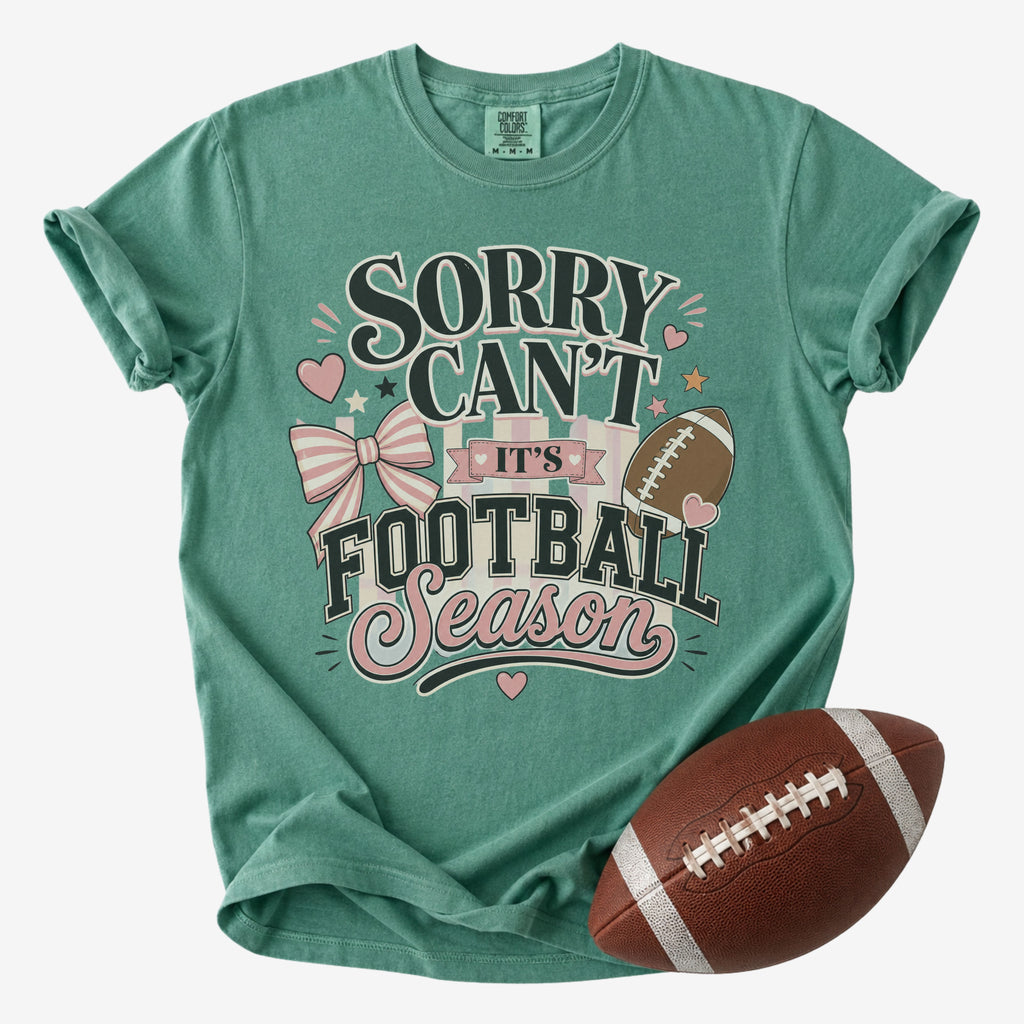 Light Green Comfort Colors football mom shirt with Sorry Can't It's Football Season design for game day.