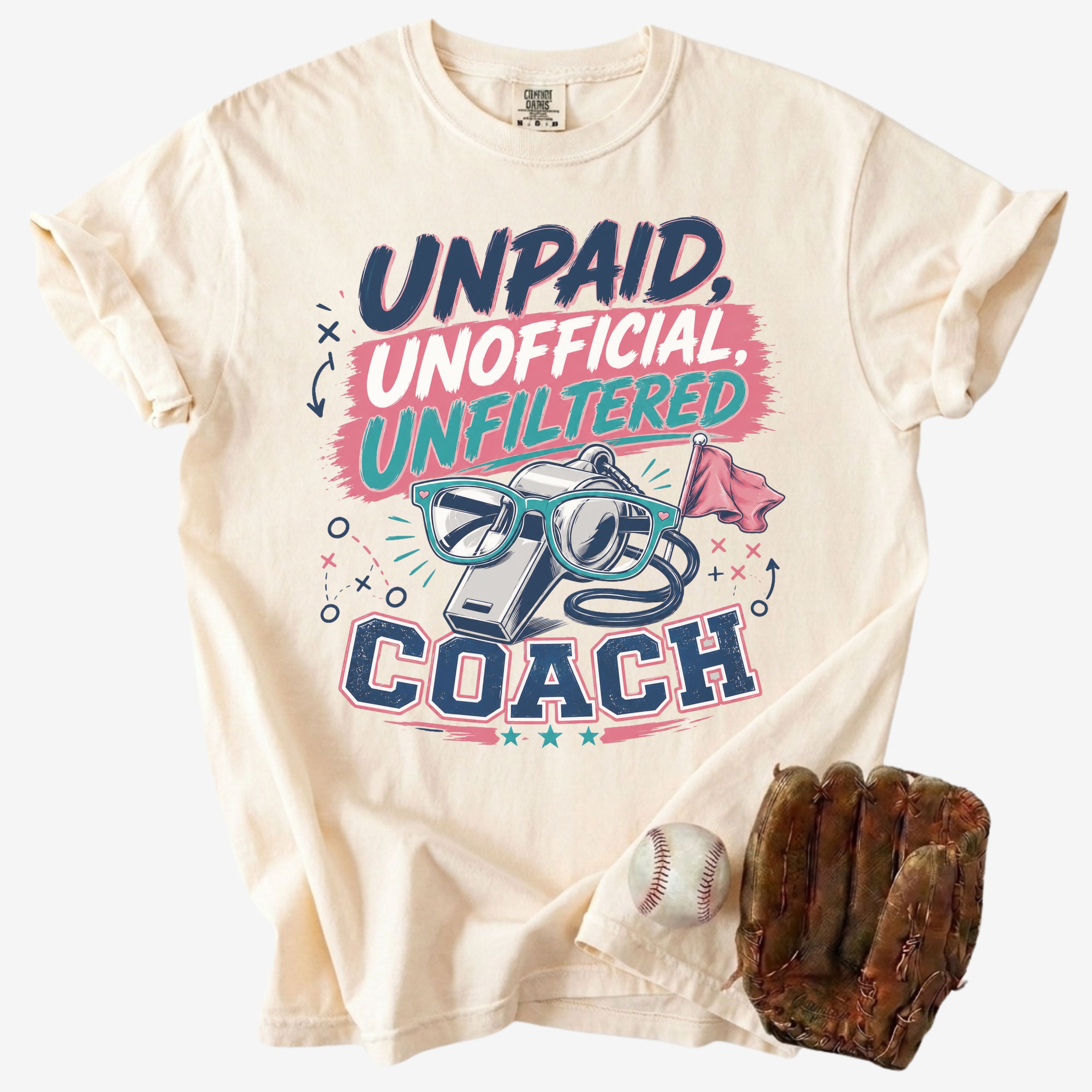 Beige t-shirt with colorful graphic and text 'Unpaid, Unofficial, Unfiltered Coach' on a white background.