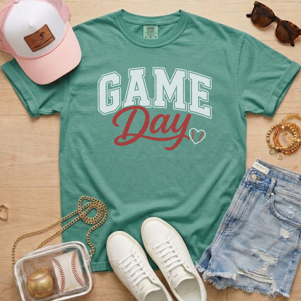 Light Green Baseball Game Day Heart T-Shirt for baseball moms and game day outfits