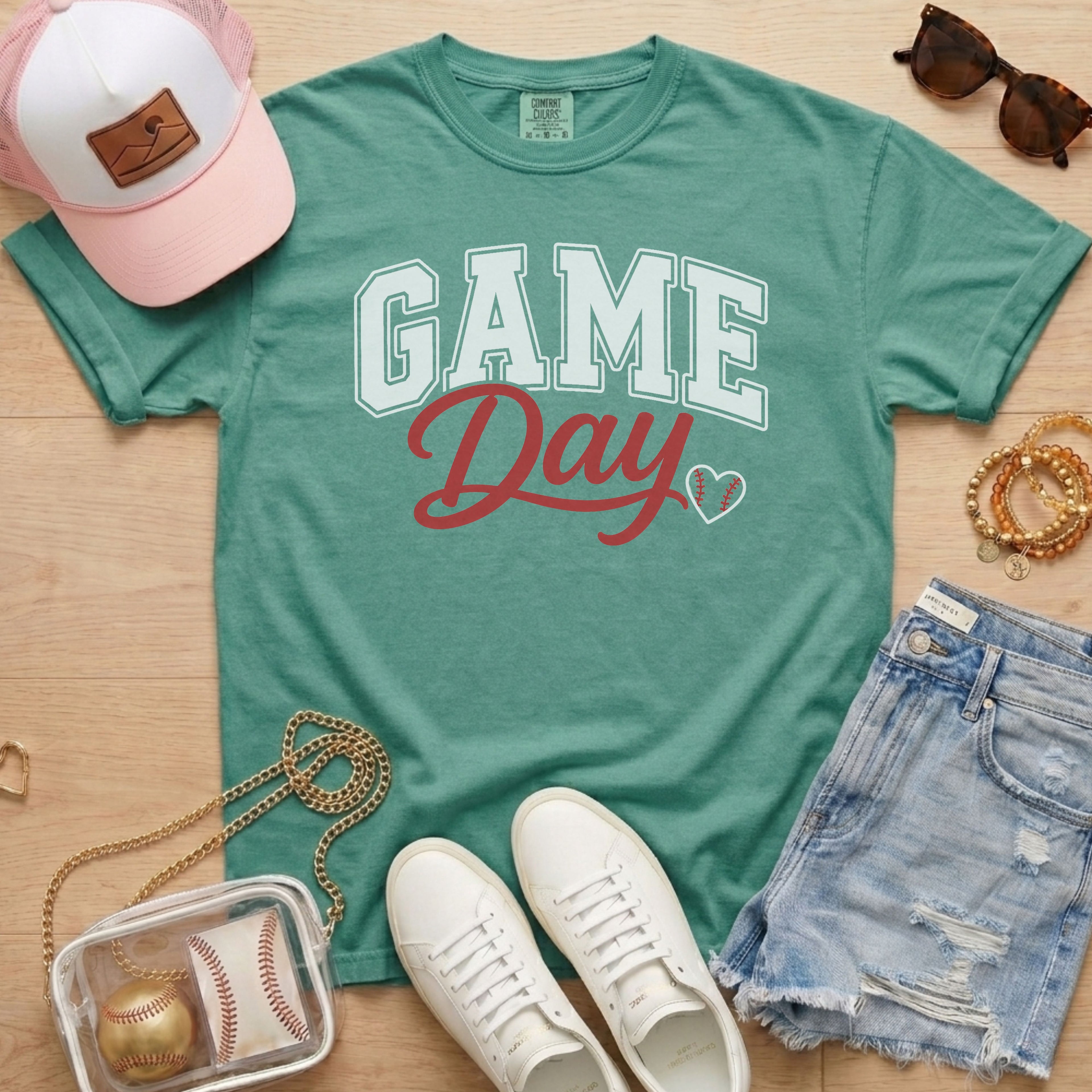Light Green Baseball Game Day Heart T-Shirt for baseball moms and game day outfits