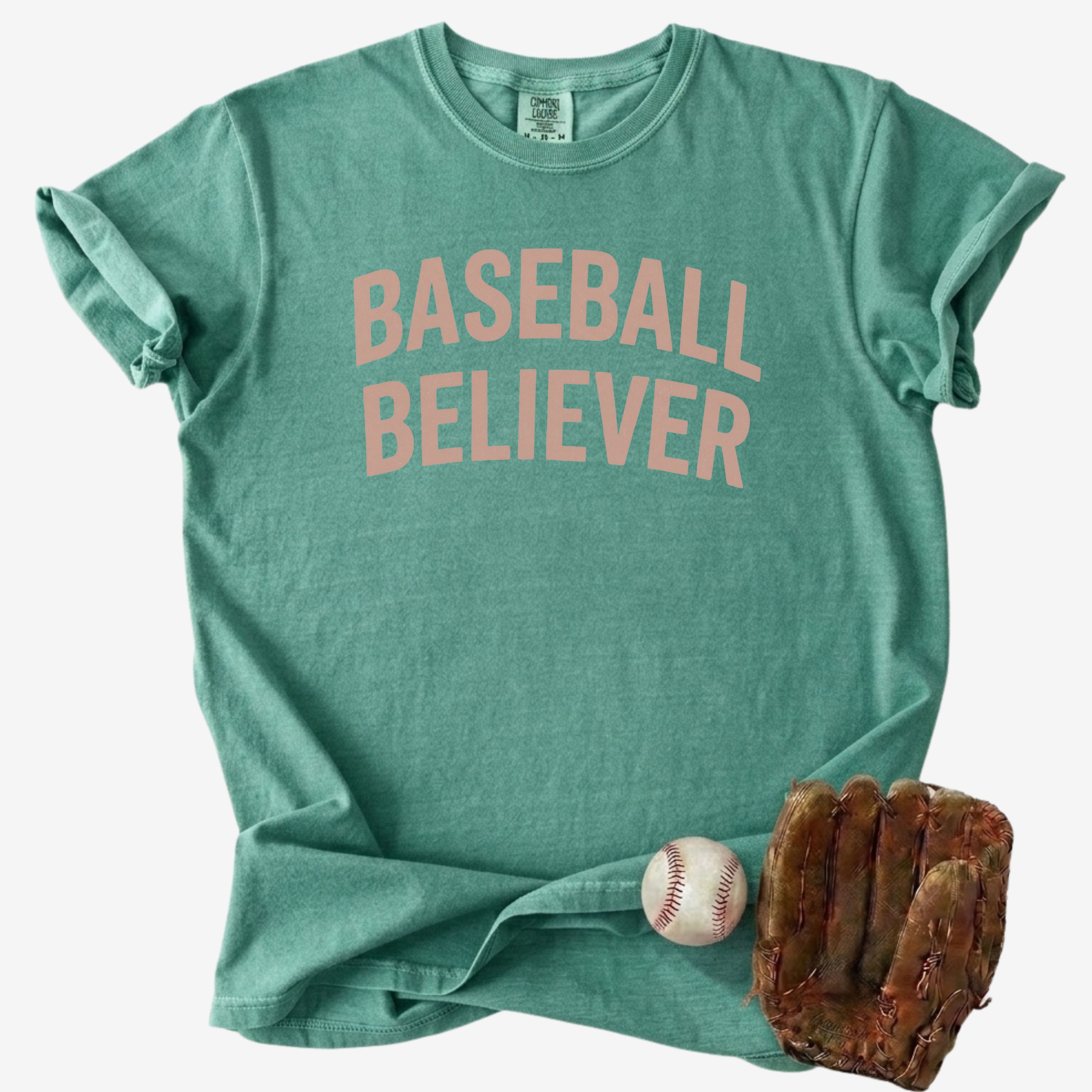 baseball believer shirt green comfort colors baseball mom game day tee