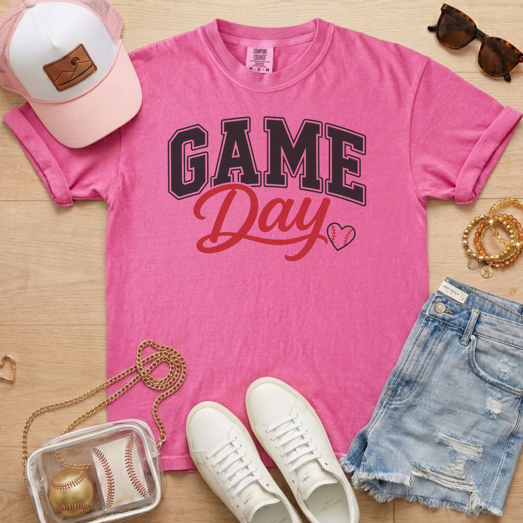 Berry pink Baseball Game Day Heart T-Shirt for baseball moms and game day outfits