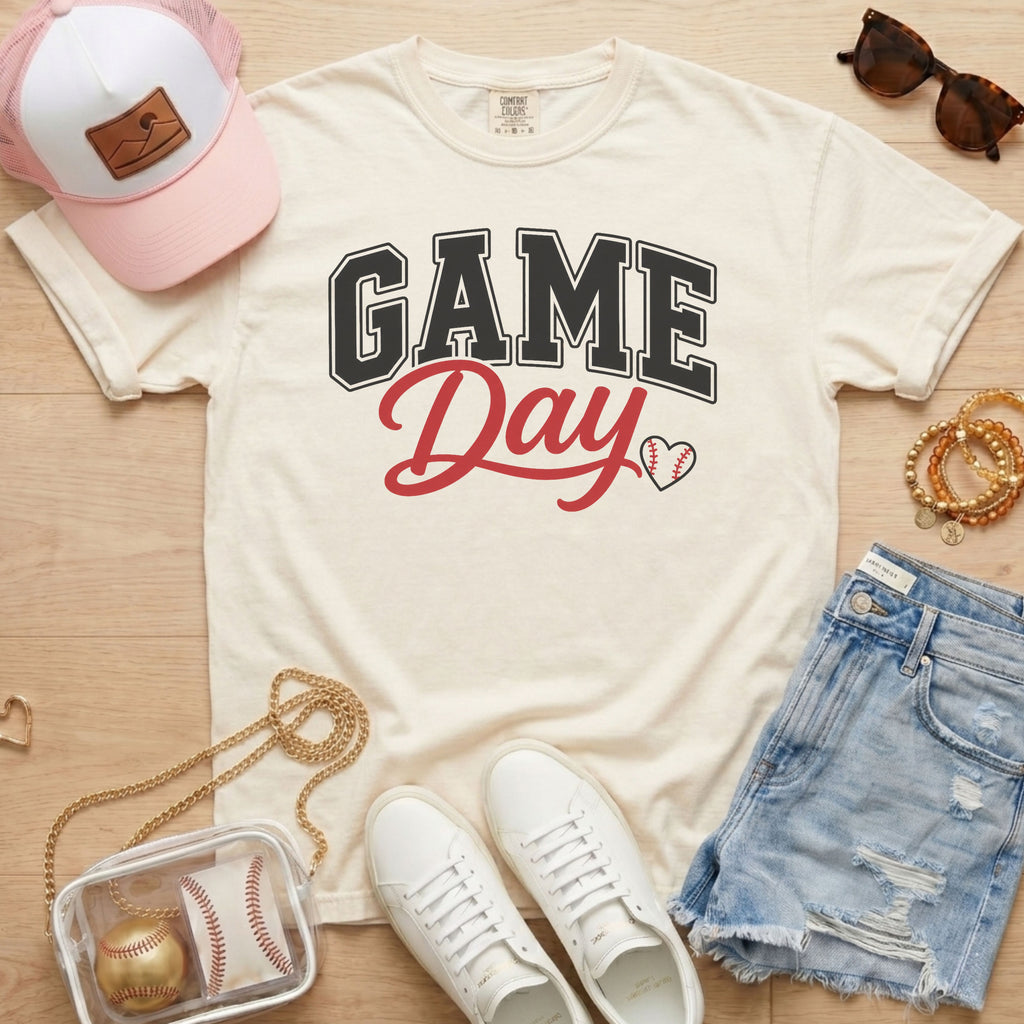 Ivory Baseball Game Day Heart T-Shirt for baseball moms and game day outfits