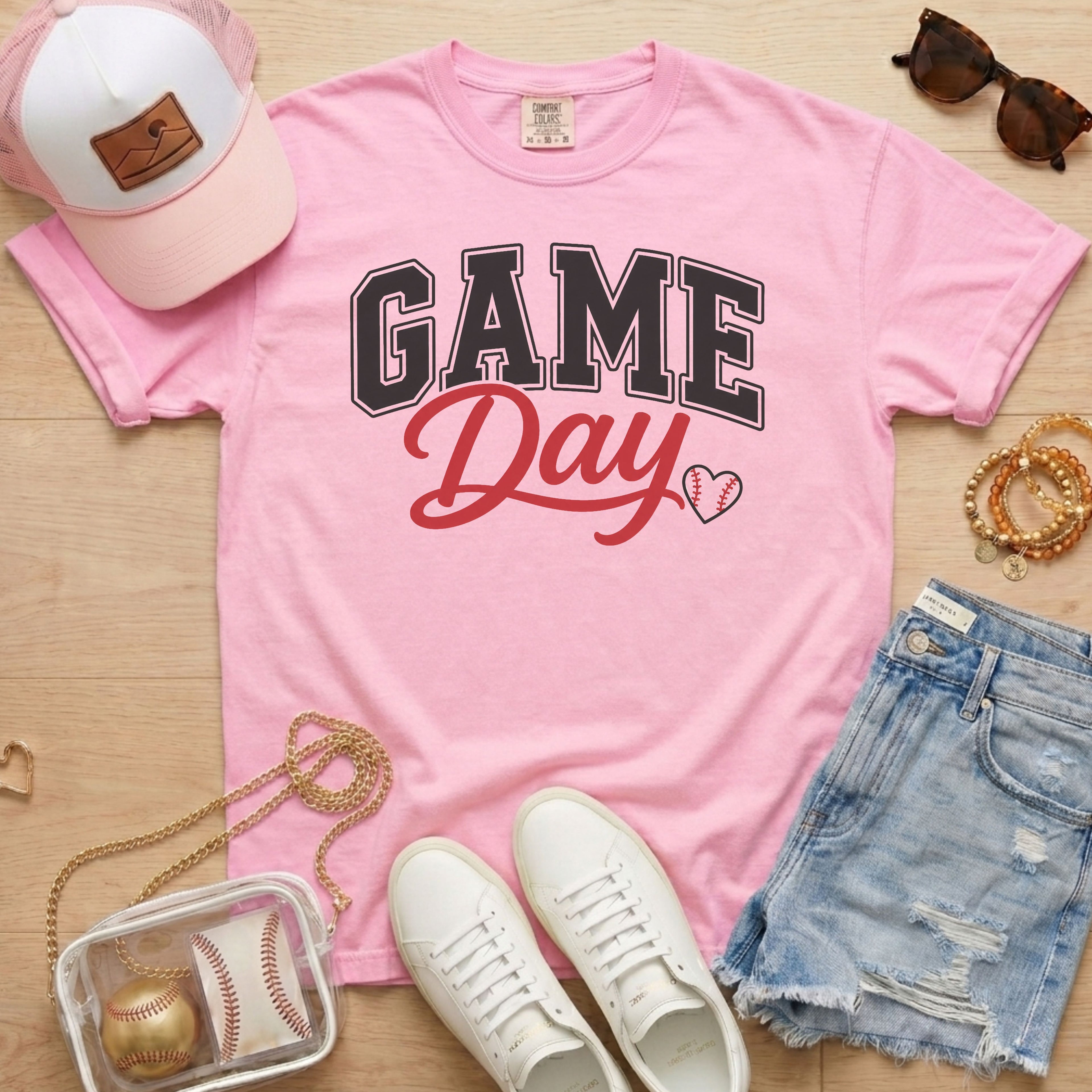 Light Pink Baseball Game Day Heart T-Shirt for baseball moms and game day outfits