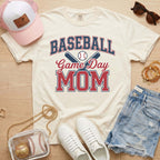 Ivory Comfort Colors baseball mom shirt with varsity baseball graphic and casual game day outfit