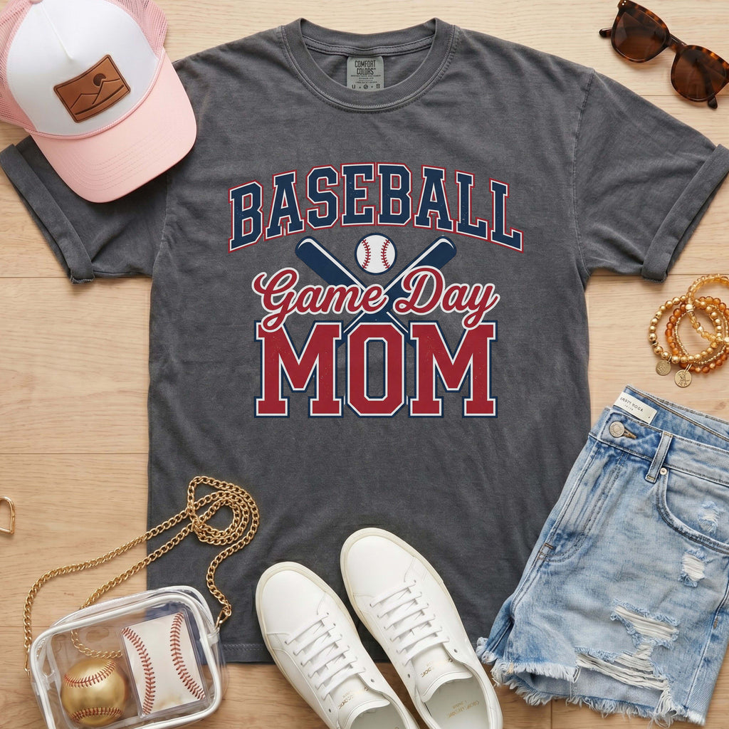 Pepper Comfort Colors baseball mom shirt with red and navy baseball game day mom graphic