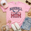 Pink Comfort Colors baseball mom shirt with sporty game day design and baseball mom outfit flat lay