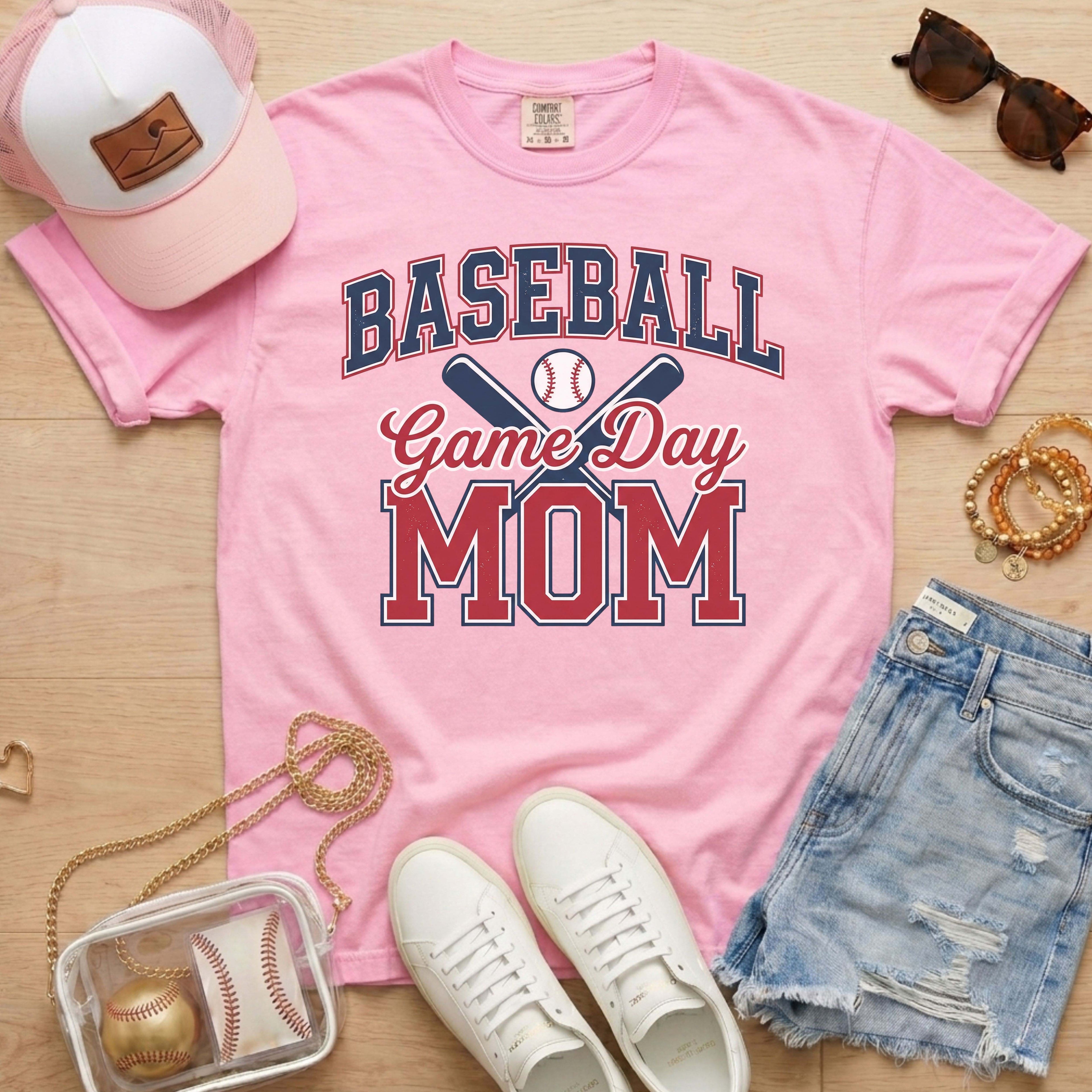 Pink Comfort Colors baseball mom shirt with sporty game day design and baseball mom outfit flat lay