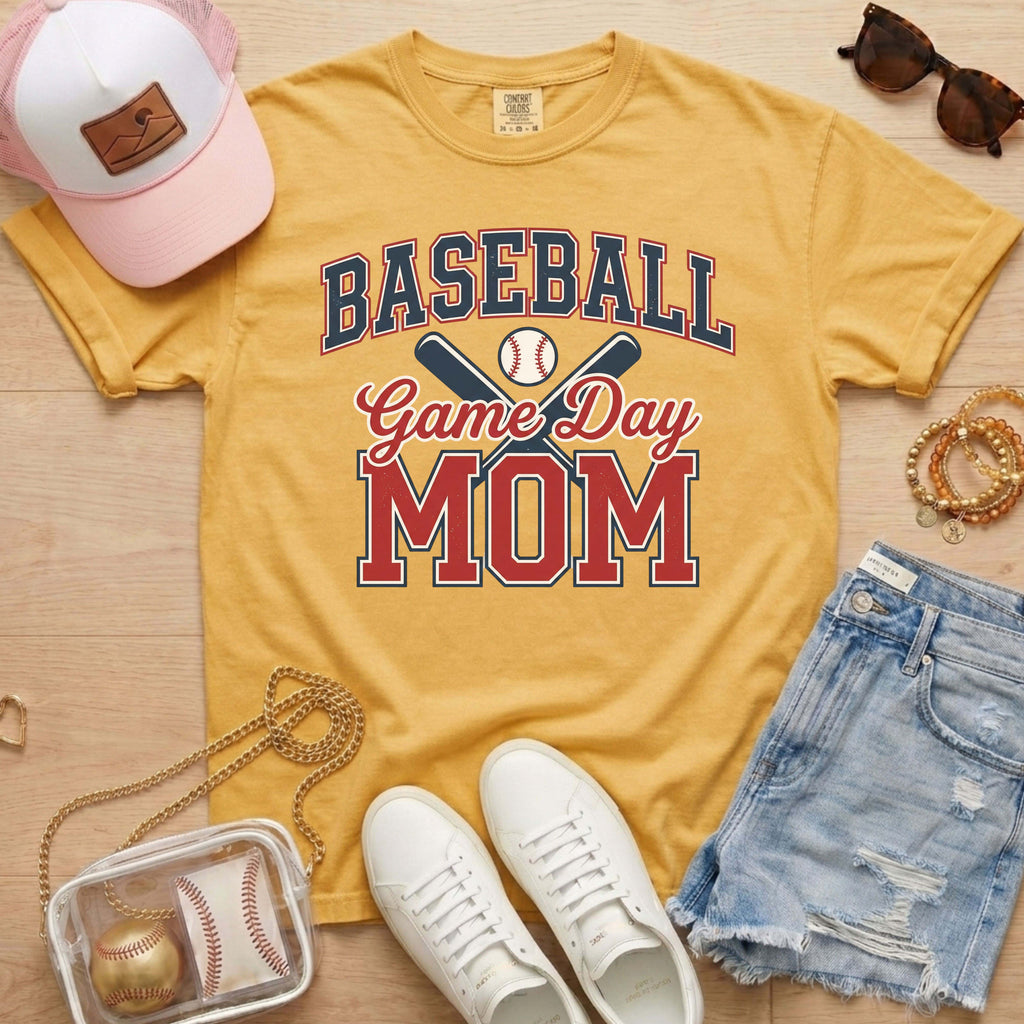 Yellow Comfort Colors baseball mom shirt with varsity game day graphic and casual baseball mom outfit