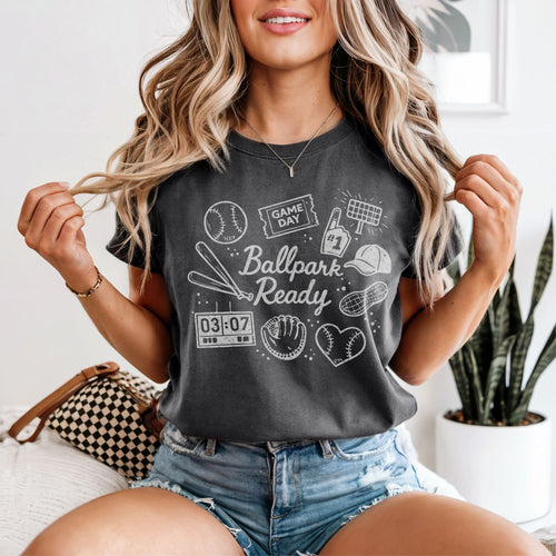 Ballpark Ready dark gray baseball game day shirt with bat glove and foam finger graphic
