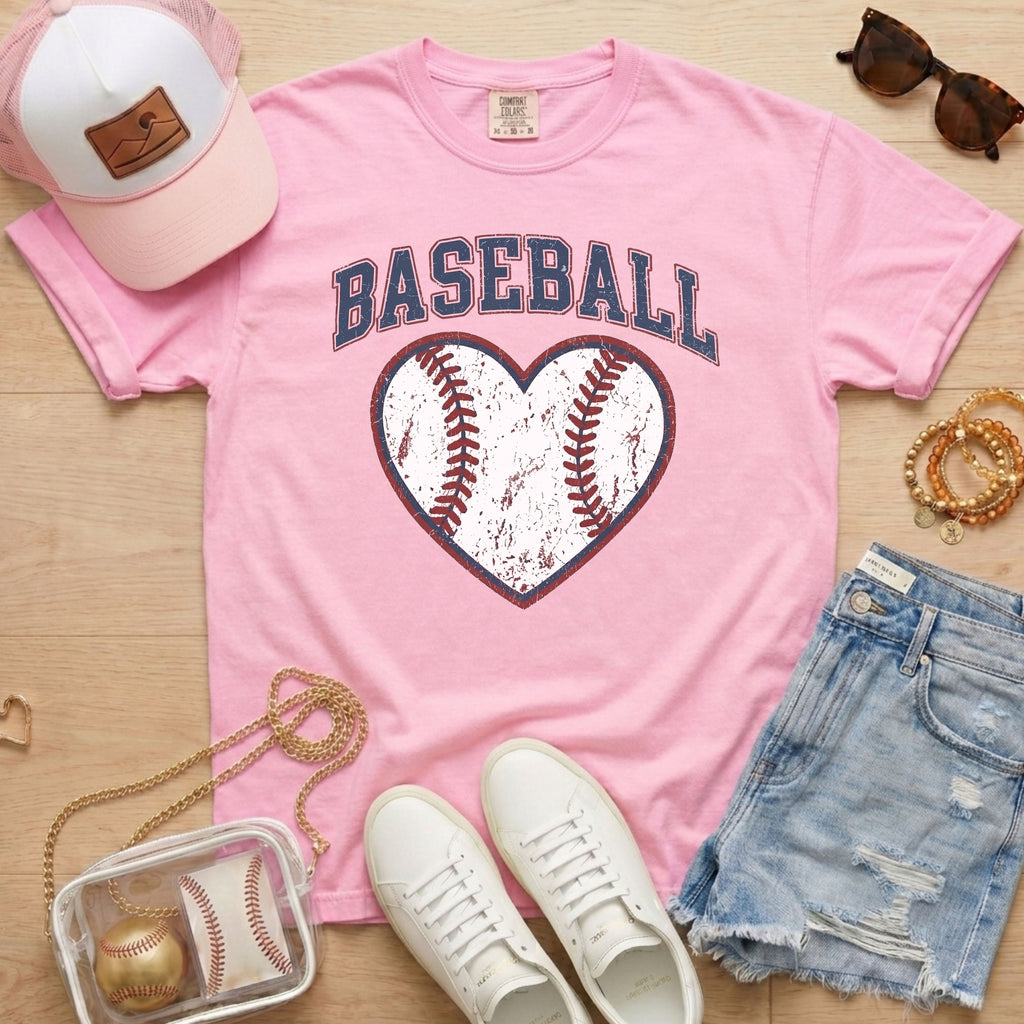 pink baseball heart shirt comfort colors tee game day outfit flat lay with accessories