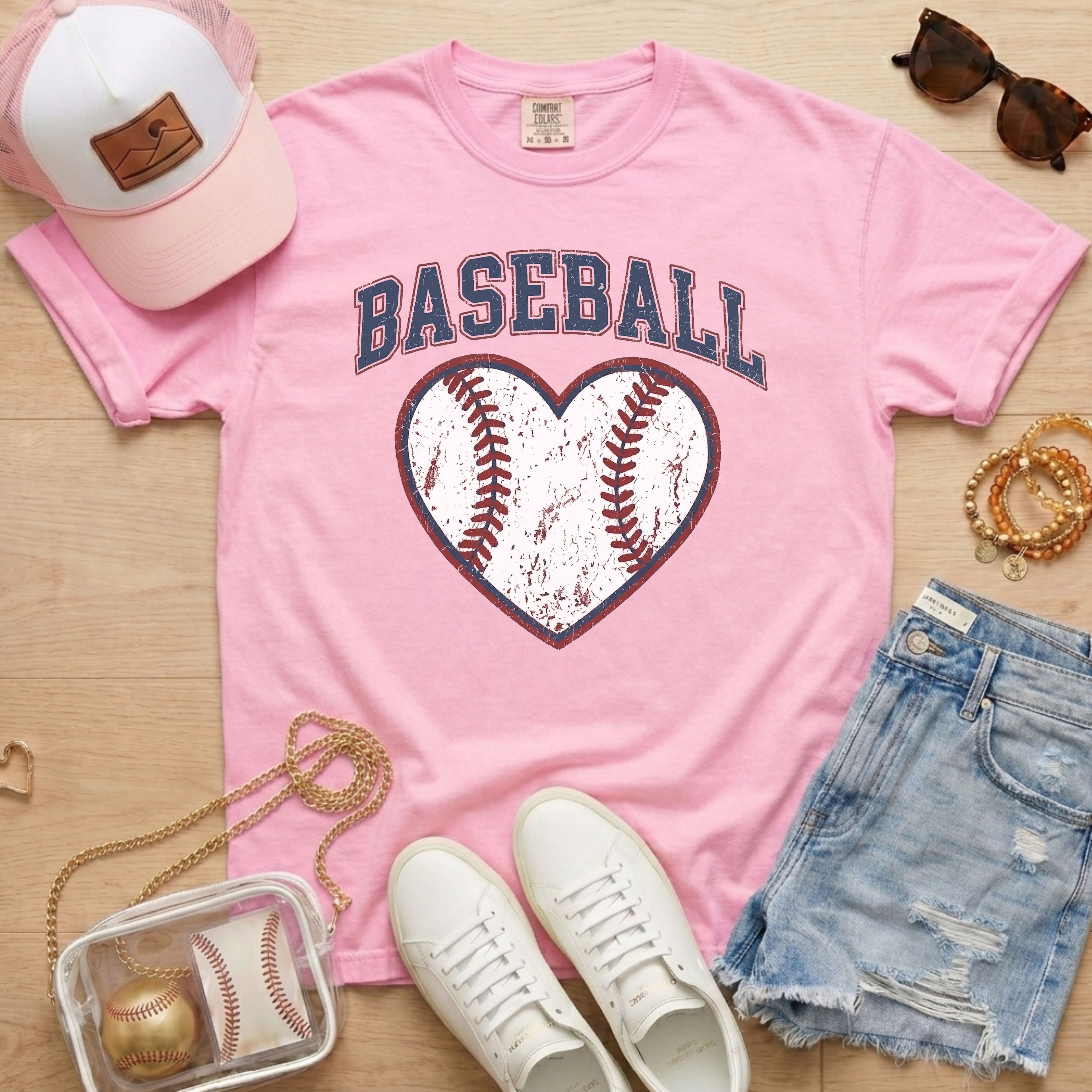 pink baseball heart shirt comfort colors tee game day outfit flat lay with accessories