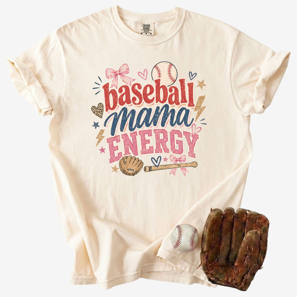 Baseball Mama Energy Comfort Colors ivory game day tee styled with a baseball and baseball glove on white background