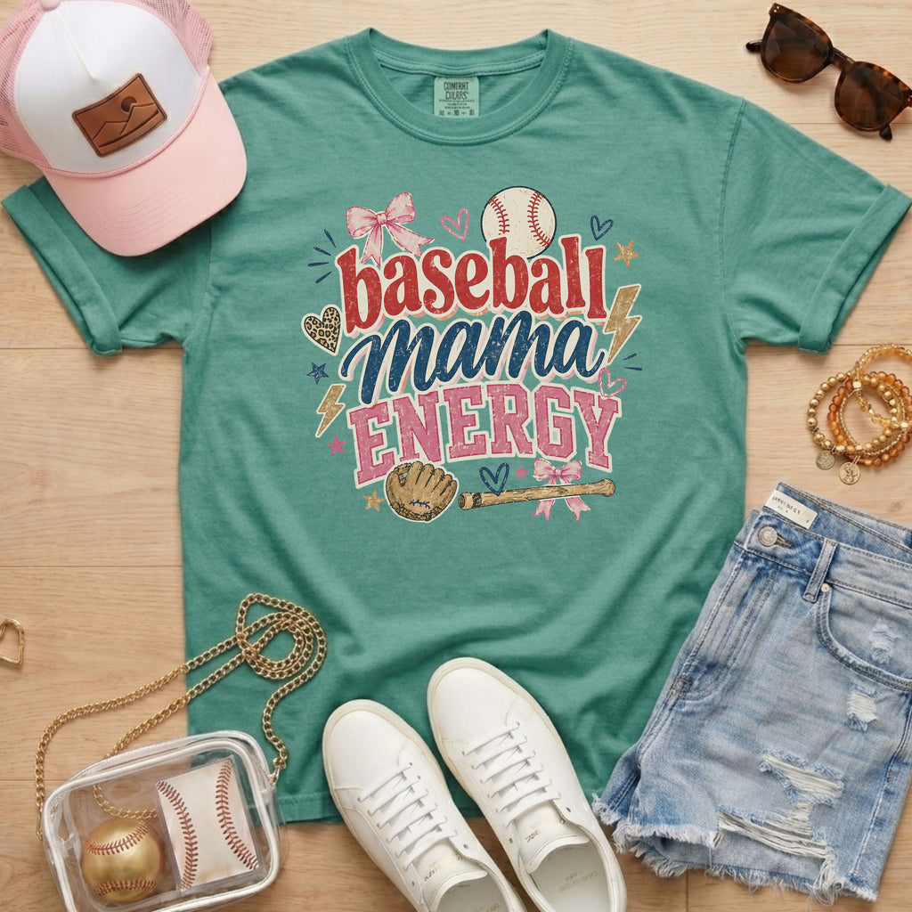 Baseball Mama Energy Comfort Colors seafoam baseball mom shirt styled as lifestyle flat lay with hat, sunglasses, and denim shorts