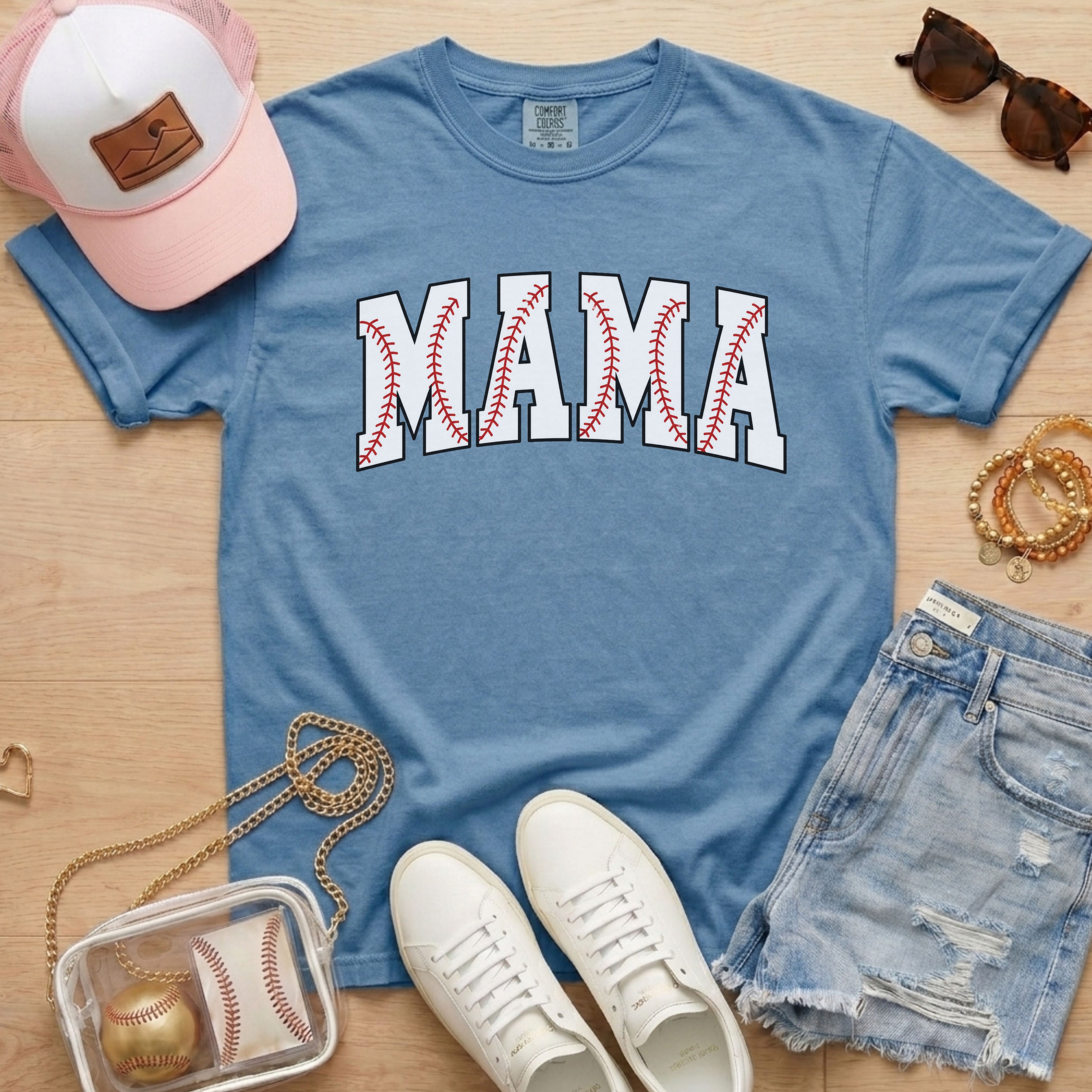 Baseball Mama graphic tee in blue jean with baseball stitch design
