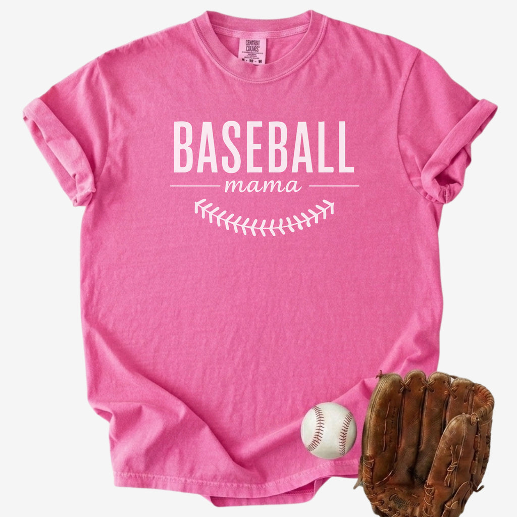 crunchberry pink Baseball Mama shirt with white text and baseball seam icon, premium Comfort Colors 1717 garment dyed top