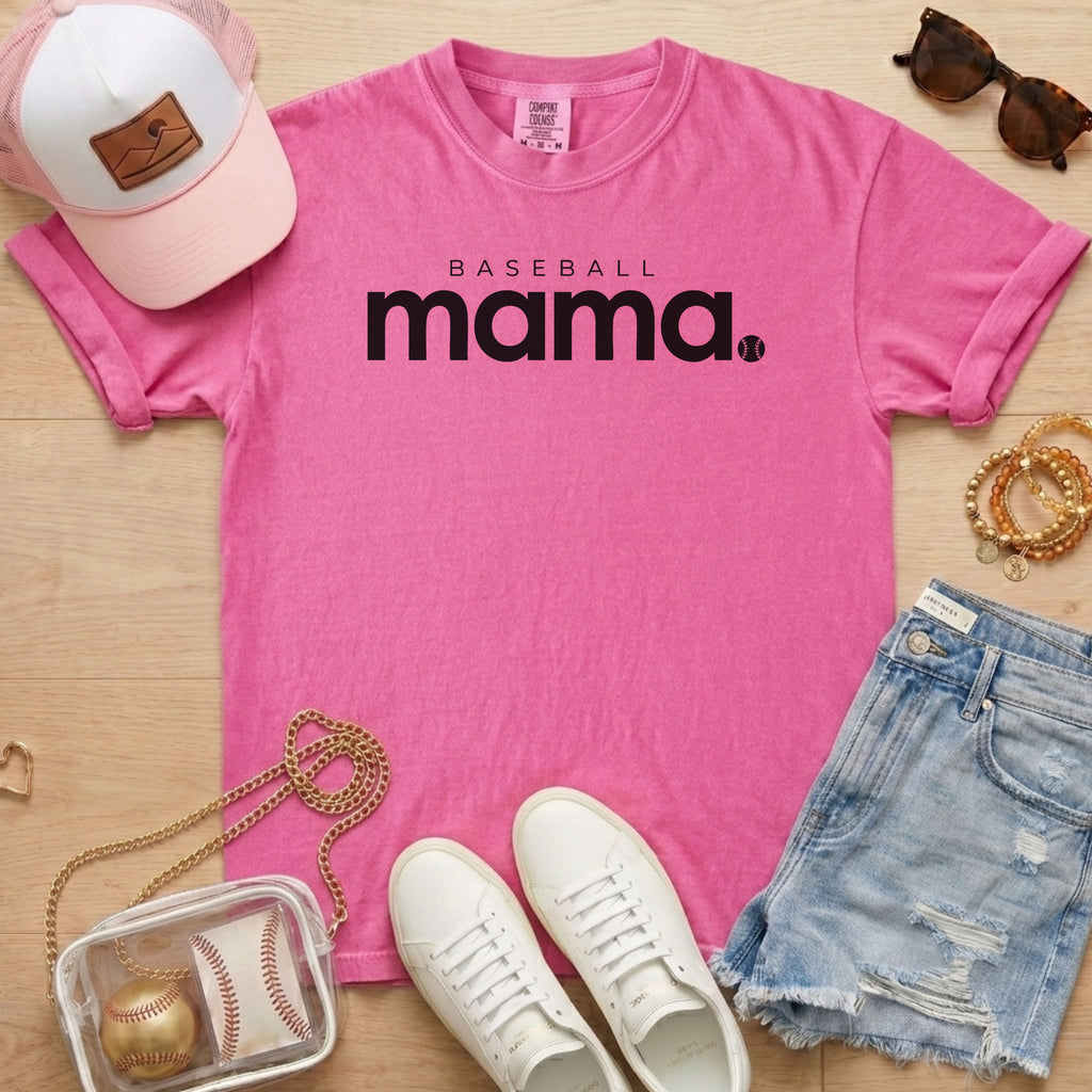 Vibrant crunchberry pink Baseball Mama t-shirt, premium Comfort Colors 1717 garment for sports mom gifts