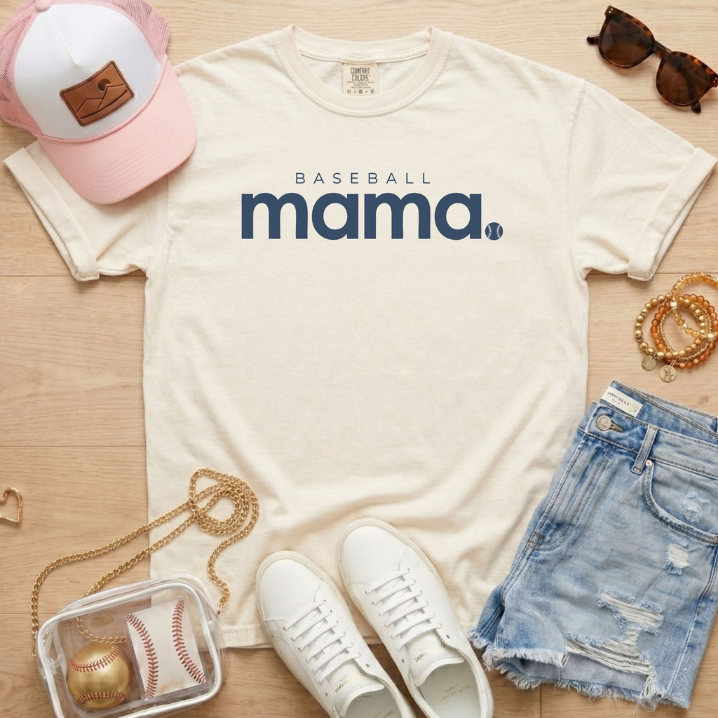 Ivory cream Comfort Colors 1717 t-shirt featuring Baseball Mama graphic, a perfect gift for baseball moms