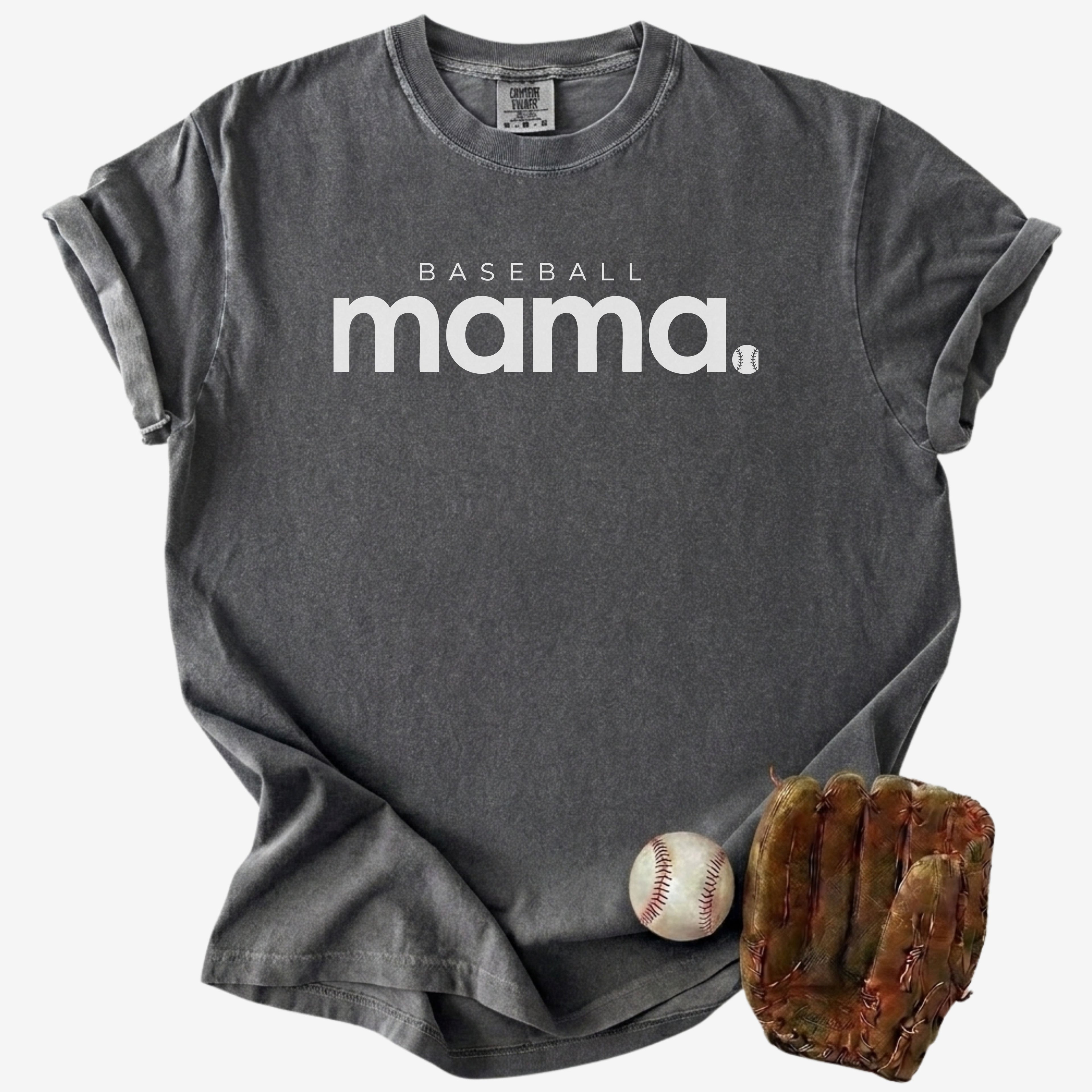 Baseball Mama text design with baseball icon on a pepper grey Comfort Colors shirt for game day sports moms