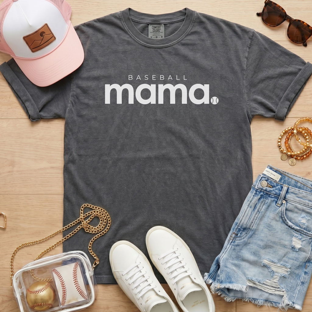 Baseball Mama text design with baseball icon on a pepper grey Comfort Colors shirt for game day sports moms