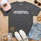 Baseball Mama text design with baseball icon on a pepper grey Comfort Colors shirt for game day sports moms