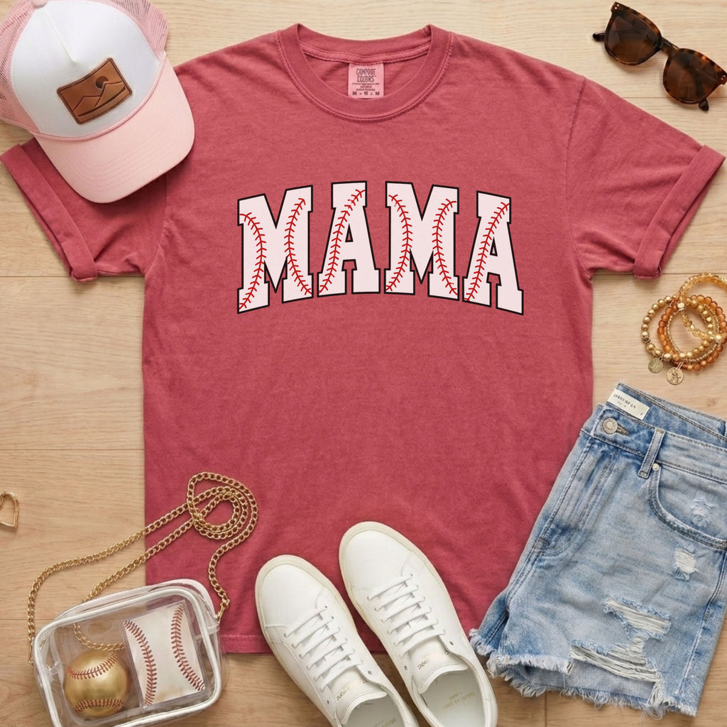 Crimson Baseball Mama shirt with baseball stitch design