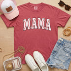 Crimson Baseball Mama shirt with baseball stitch design