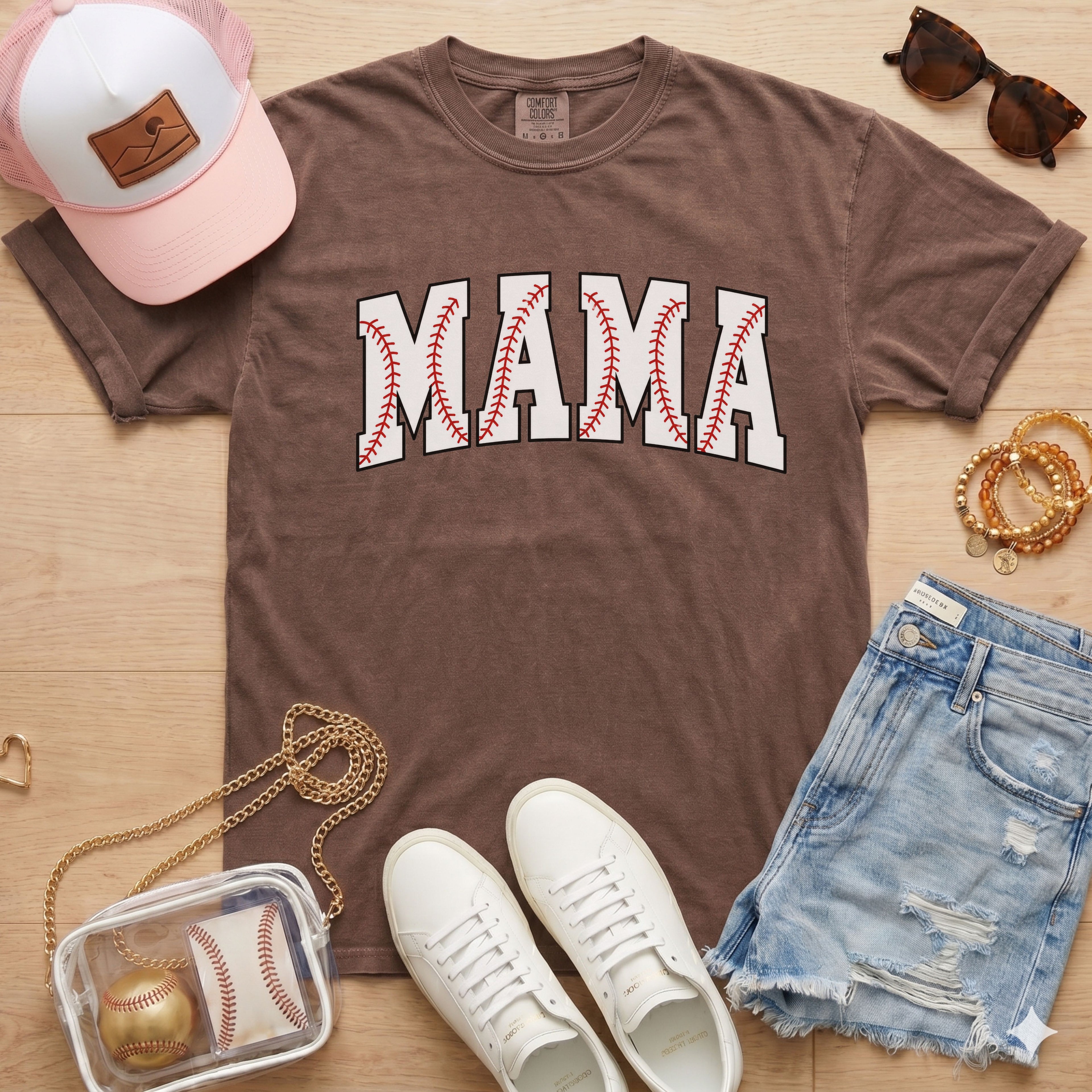Espresso Baseball Mama shirt with baseball stitch design