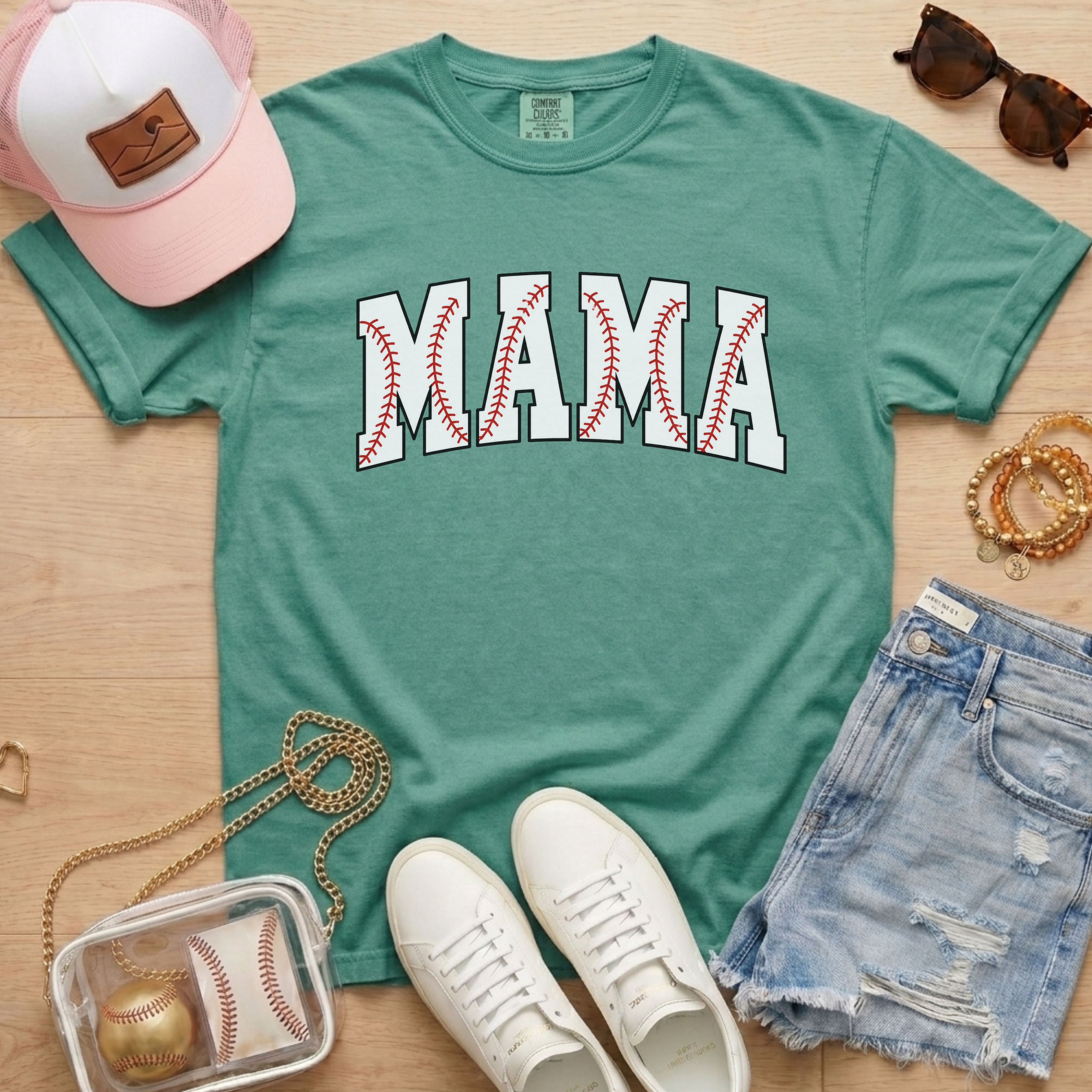 Light Green Baseball Mama shirt with baseball stitch design