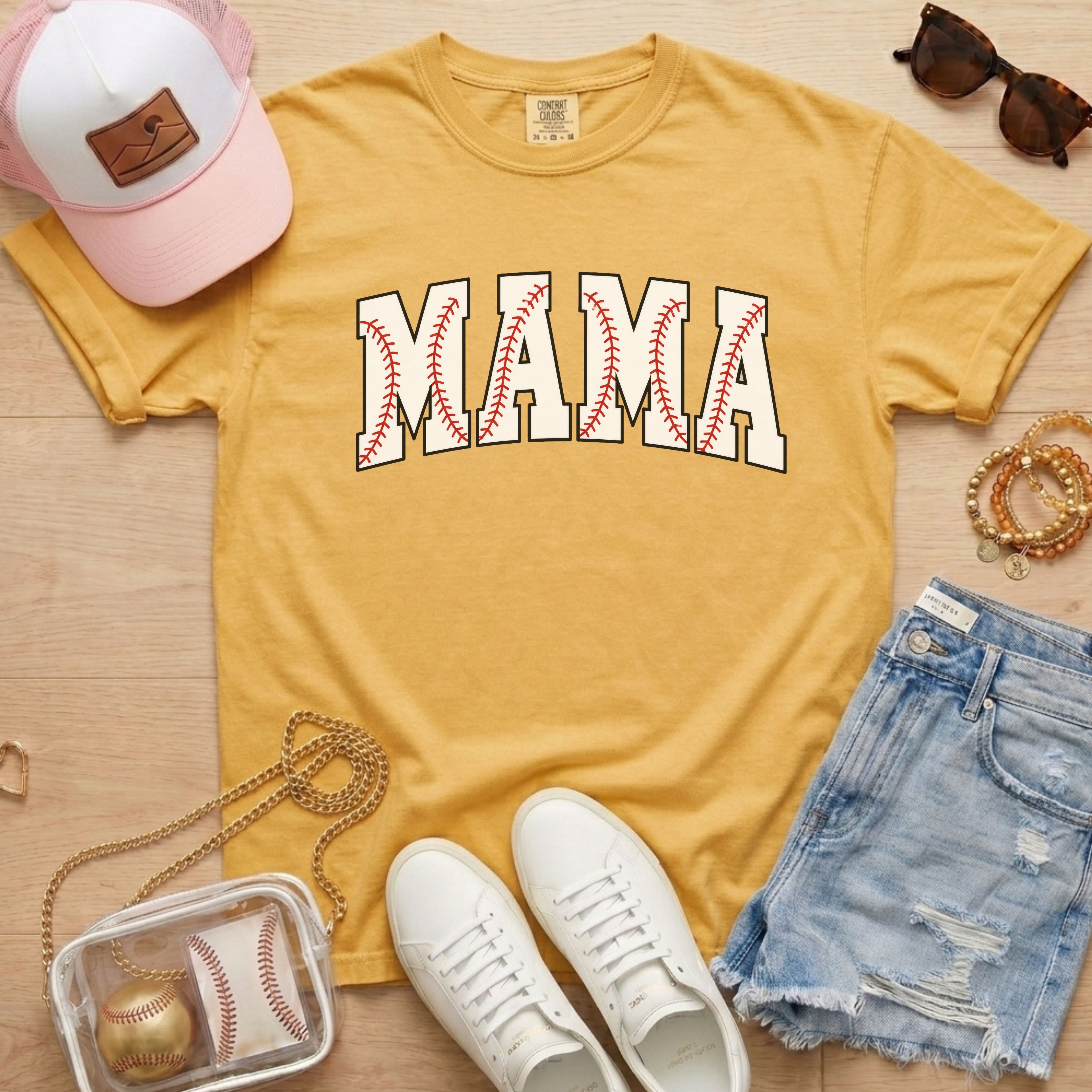Yellow Baseball Mama shirt with baseball stitch design