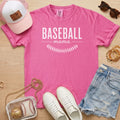 Berry pink Baseball Mama shirt with white text and baseball seam icon, premium Comfort Colors 1717 garment dyed top