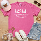 Berry pink Baseball Mama shirt with white text and baseball seam icon, premium Comfort Colors 1717 garment dyed top