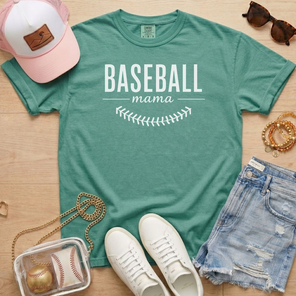 Light green Baseball Mama t-shirt on soft Comfort Colors 1717 cotton, a premium gift for baseball team moms