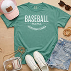 Light green Baseball Mama t-shirt on soft Comfort Colors 1717 cotton, a premium gift for baseball team moms