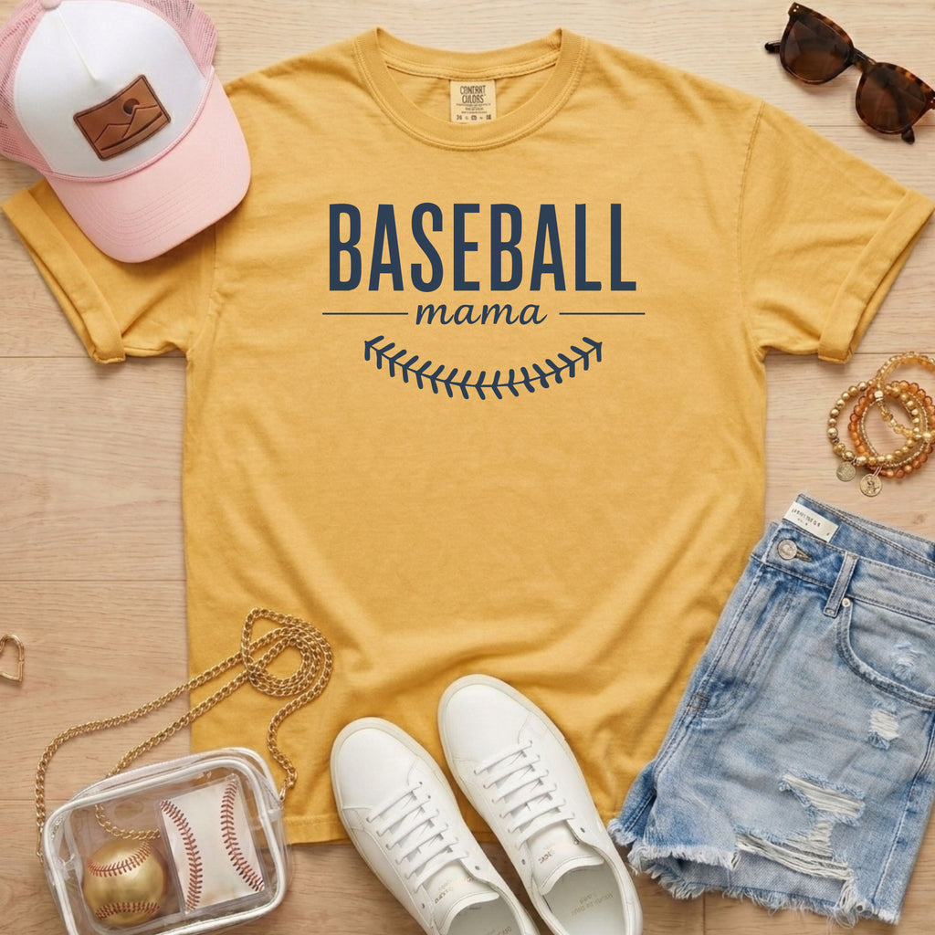 Vintage mustard yellow Baseball Mama shirt with navy blue graphic, garment dyed Comfort Colors tee for sports moms