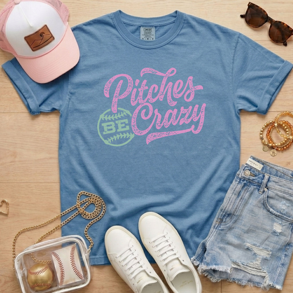 blue baseball mom graphic tee pitches be crazy shirt casual game day outfit