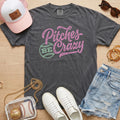 baseball mom graphic tee in pepper gray funny pitches be crazy shirt game day outfit