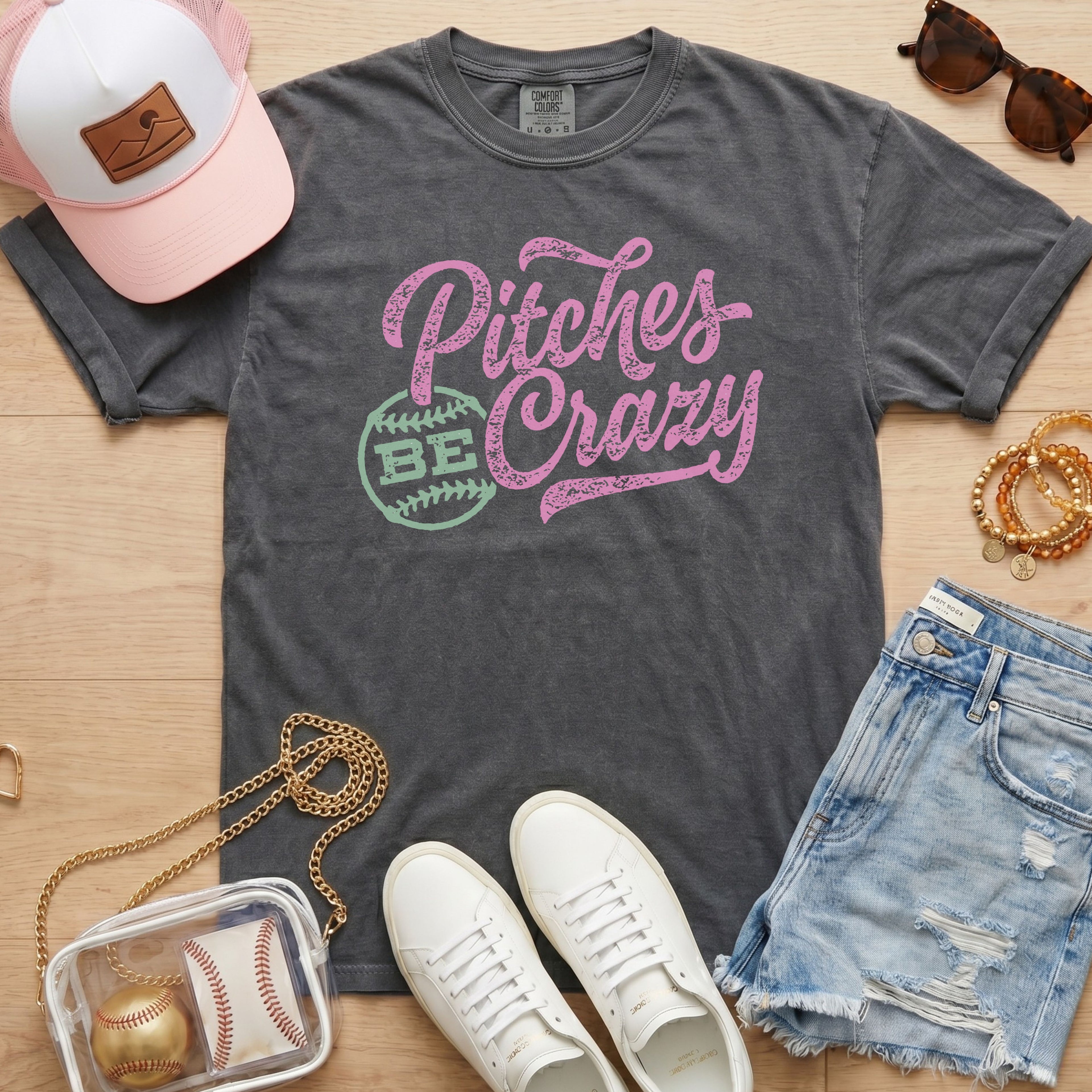 baseball mom graphic tee in pepper gray funny pitches be crazy shirt game day outfit