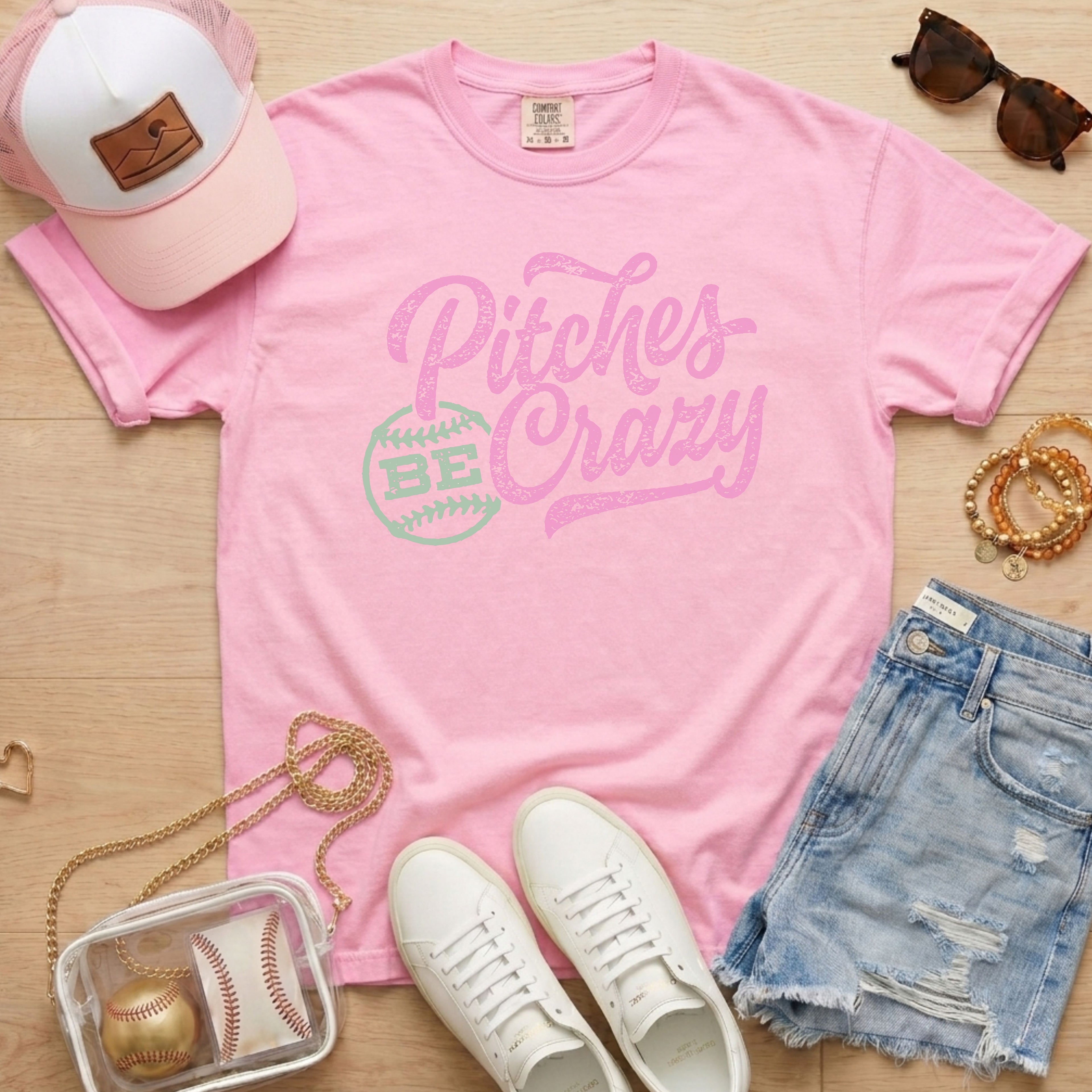 pink baseball mom shirt pitches be crazy graphic tee cute sporty mom style